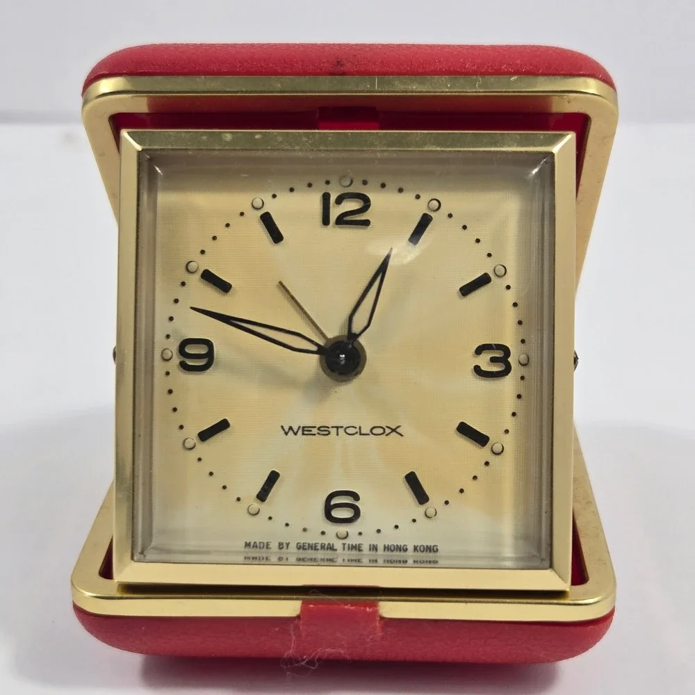 Vintage Westclox Travel Alarm Clock Red Folding Case General Time Hong Kong